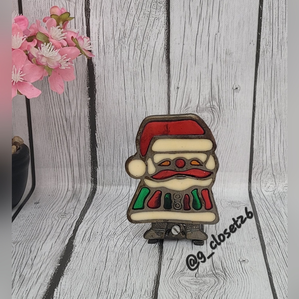 Vintage Stained Glass & Cast Iron Santa Claus Tea Light Votive Holder